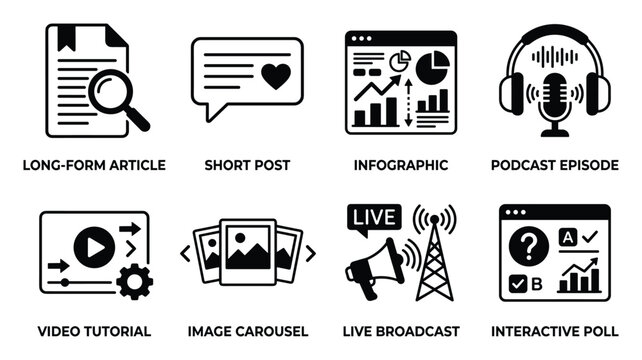 Content format icons long form article short post infographic podcast episode video tutorial.