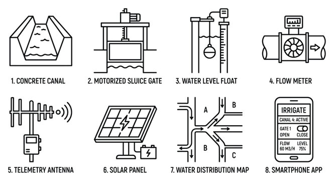 Concrete canal motorized sluice gate water level float flow meter telemetry antenna solar panel.