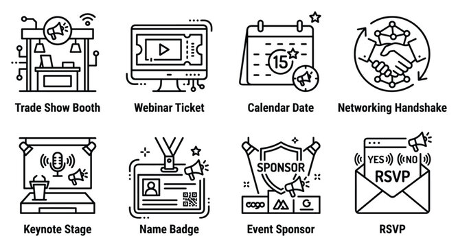 Corporate event and conference line icon set for planning professional business meetings and summits.