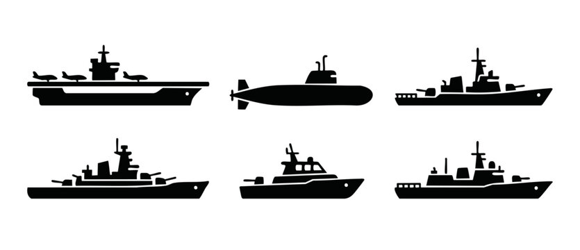 Military warship silhouette set, aircraft carrier and submarine icons, naval vessel collection, battle ship and patrol boat vector graphics for maritime defense and navy fleet infographic design eleme
