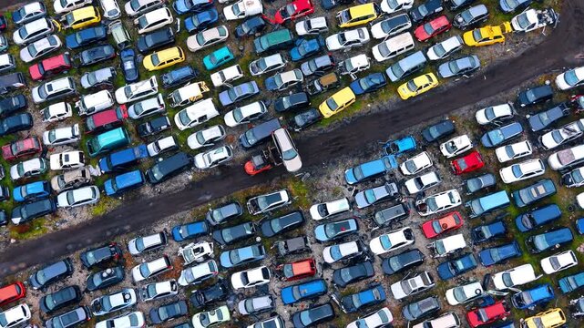 Aerial view of car scrapyard with forklift moving vehicle. Drone shot of organized rows of damaged cars and a forklift carrying a vehicle at a salvage yard.
