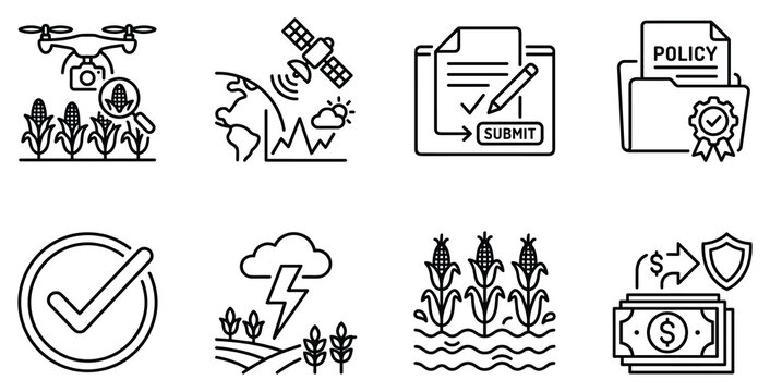Drone inspecting crops satellite weather data submit policy document checkmark crop damage insurance.