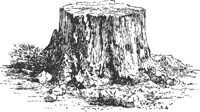 Detailed vintage illustration of a large tree stump with surrounding rocks and grass