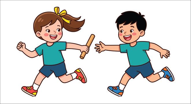 cartoon illustration of two children passing a baton in a relay race