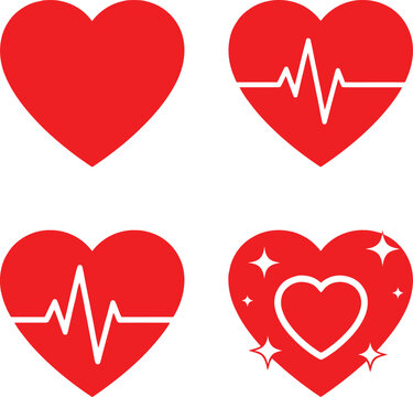 Set of red heart icons with heartbeat line and sparkles