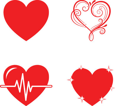 Set of red heart icons for love, health, and romance