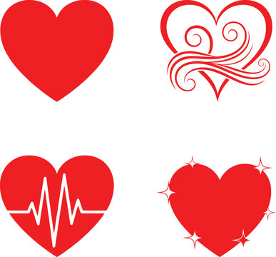 Set of red heart icons with heartbeat, sparkles and swirls
