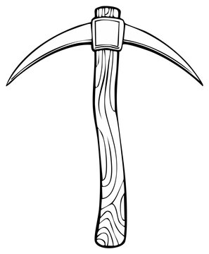 Vector drawing of a classic wooden handle pickaxe tool for mining and construction