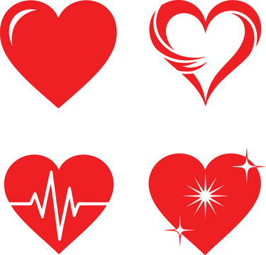 Set of red heart icons for love, health, and medical concepts