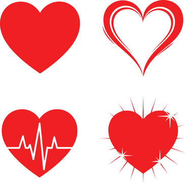 Set of four red heart icons including heartbeat and sparkles