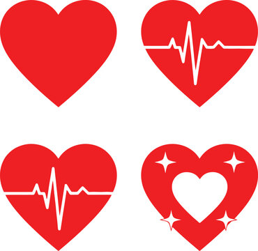 Set of red heart icons with heartbeat pulse line and sparkles