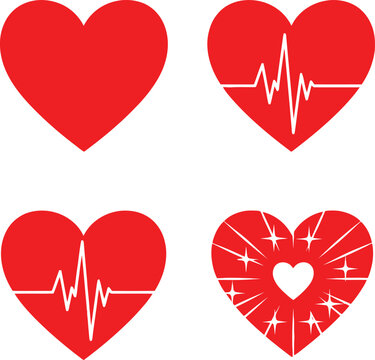 Red heart icons set with heartbeat line isolated on white background