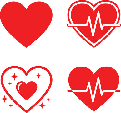 Red heart icon set with heartbeat line and sparkles for love and health