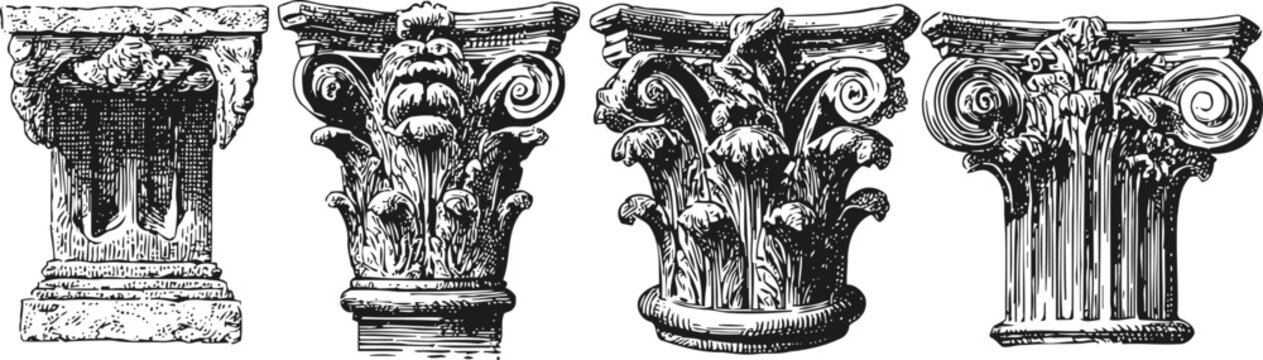 Classical architectural capitals set detailed vintage engravings of doric, ionic, and corinthian columns designs