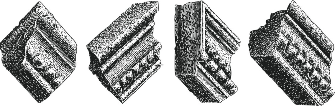 Set of vintage architectural stone corbels, detailed ornamental brackets for building decoration