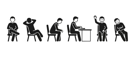 Obraz premium People Sitting Icons Set in Various Poses and Actions for Office or Classroom Concept, Human Body Language and Behavior Symbols Isolated on White Background, Minimalist Flat Vector Illustration Collec