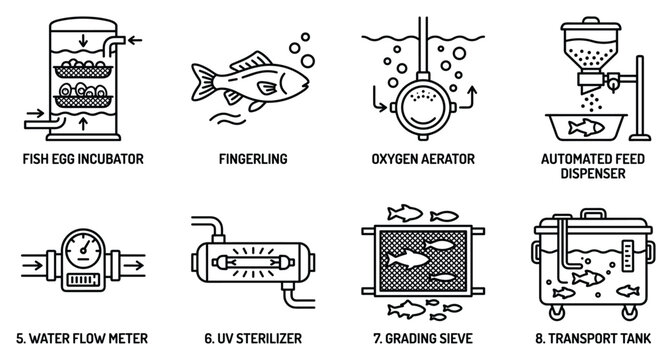 Fish egg incubator, fingerling, oxygen aerator, automated feed dispenser, water meter, UV sterilizer, grading sieve, transport tank, aquaculture equipment.