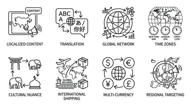 Icons representing global business communication and international services for localization.