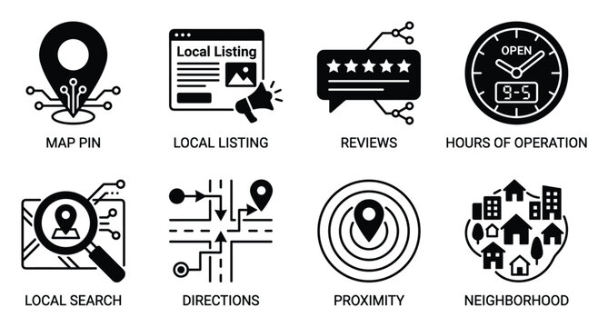 Map pin and local listing icons for business navigation website services with search and direction tools.