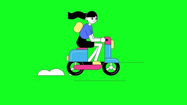 Animated Woman Riding Scooter on Green Screen Loop | Cartoon Female Rider Moped Chroma Key