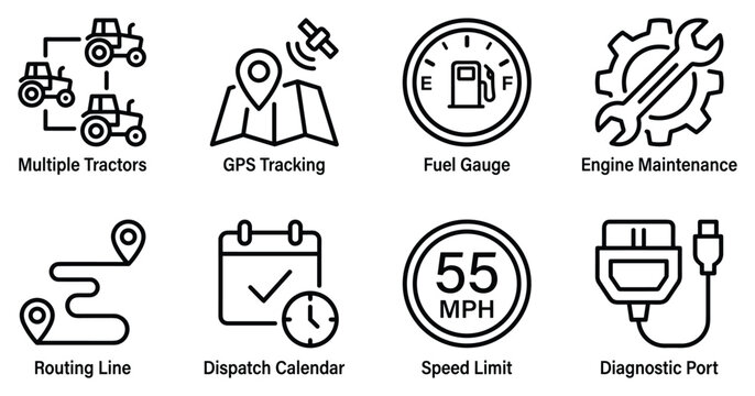 Multiple tractors gps tracking fuel gauge engine maintenance routing line dispatch calendar speed limit.