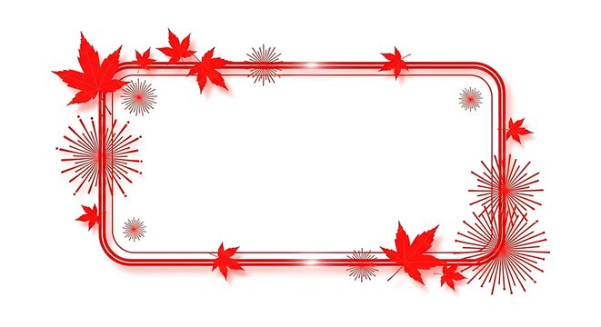 Red maple leaf frame with fireworks on white background for festive designs