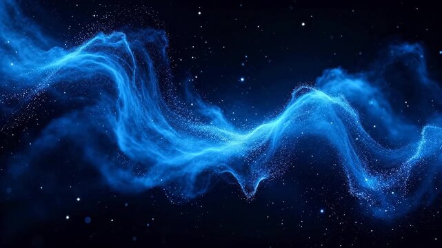 Waving blue light bands flowing in a deep starry space background