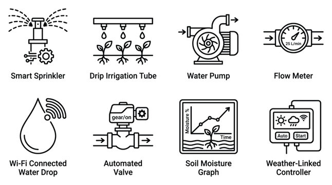 Smart irrigation technology for agriculture with sprinklers pumps sensors and controllers for watering.