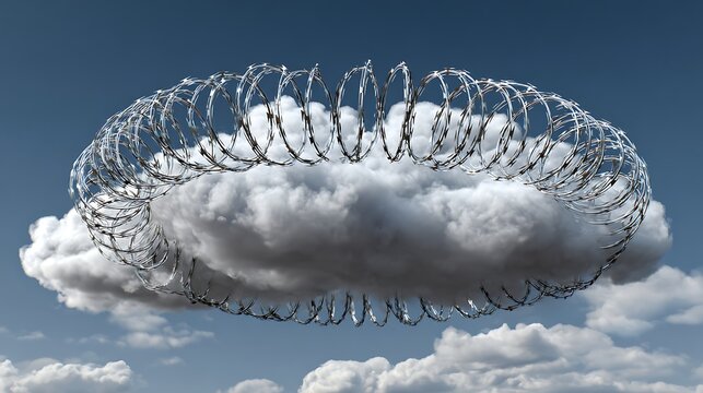 Conceptual of a fluffy white cloud encircled by sharp metallic barbed wire in blue sky