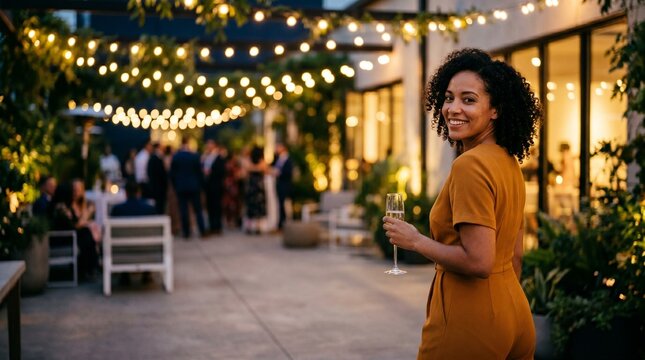 African American woman smiling with champagne at an outdoor evening event celebration.