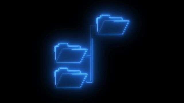 Neon Folder tree line icon on black background Computer network file folder organization structure flowchart.