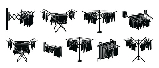 Obraz premium Clothes drying rack icons set, laundry hanging equipment for indoor and outdoor use. Collection of retractable, folding, and rotary airer silhouettes for washing, household chore, and garment drying.