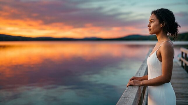 Young mixed race woman standing on wooden dock looking at colorful lake sunset.