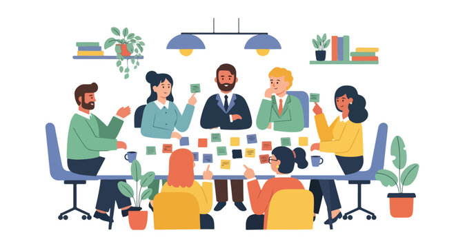 Seven professional coworkers are actively participating in a collaborative workshop, sharing ideas using colorful sticky notes around a table.