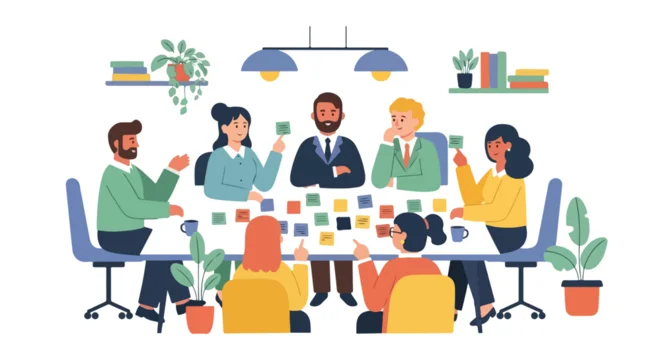 Seven professional coworkers are actively participating in a collaborative workshop, sharing ideas using colorful sticky notes around a table.
