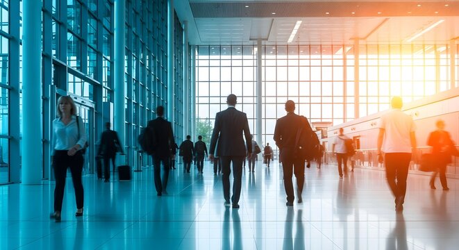 Silhouettes of business people walking through a modern office building lobby with large windows at sunset