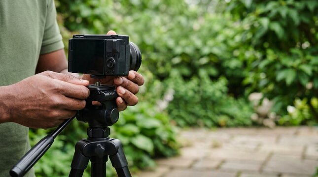 African American man setting up mirrorless camera on tripod in green garden