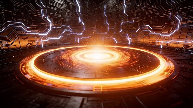 Futuristic circular platform with orange spiral light in a sci-fi corridor