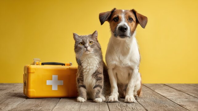 Pet healthcare concept with dog and cat and medical kit