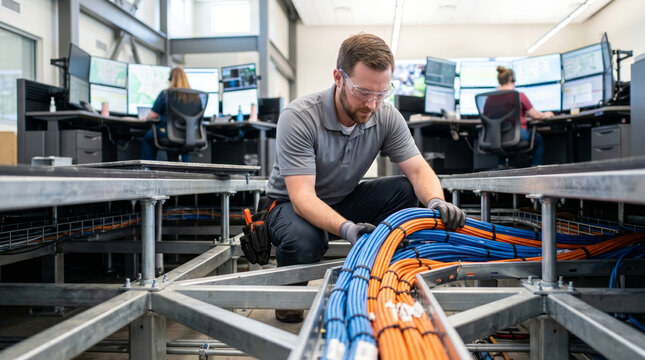 IT professional installing network cables in modern data center environment