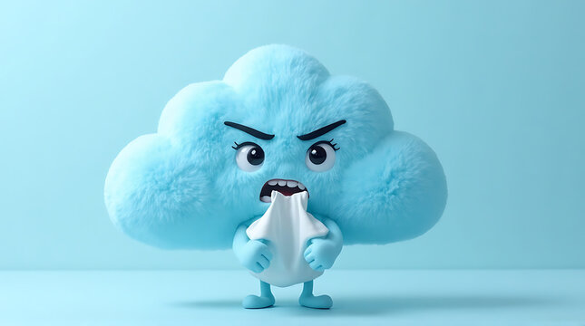 Furry blue cloud character with angry face holding ice cream on light blue floor