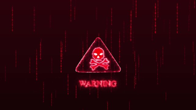 Neon warning symbol with skull and crossbones on digital background. Warning symbol featuring skull and crossbones glows in neon. Digital background enhances neon warning symbol.