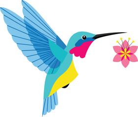 Fototapeta premium Colorful Hummingbird Vector Illustration Featuring a Vibrant Blue and Pink Tropical Bird Hovering Near a Pink Flower for Nature, Wildlife, and Botanical Graphic Design Projects