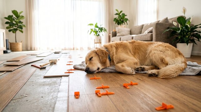 Golden Retriever dog sleeping during home flooring installation