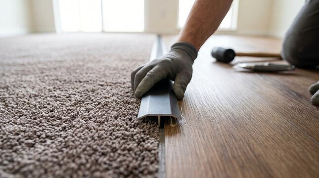 Contractor hand pressing transition strip between carpet and laminate flooring