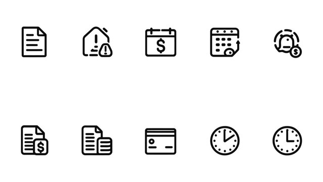 Financial Icons: A collection of concise line icons for finance, including documents, a house alert, calendars, clock, and a credit card icon.