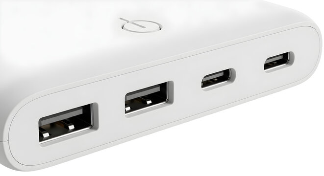 White USB hub with multiple ports for device connectivity