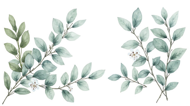 Watercolor branches with green leaves and small flowers on stem