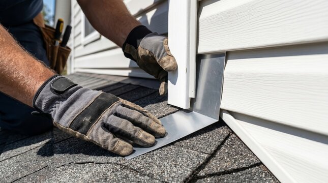 Roofer installing metal flashing between asphalt shingles and house siding