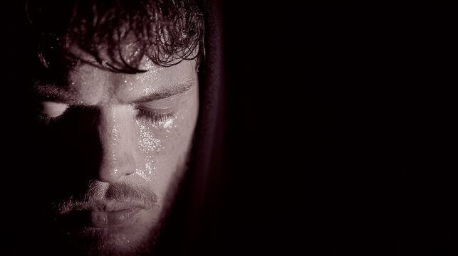 Portrait of a Defeated and Sweating Young Man. Generative AI